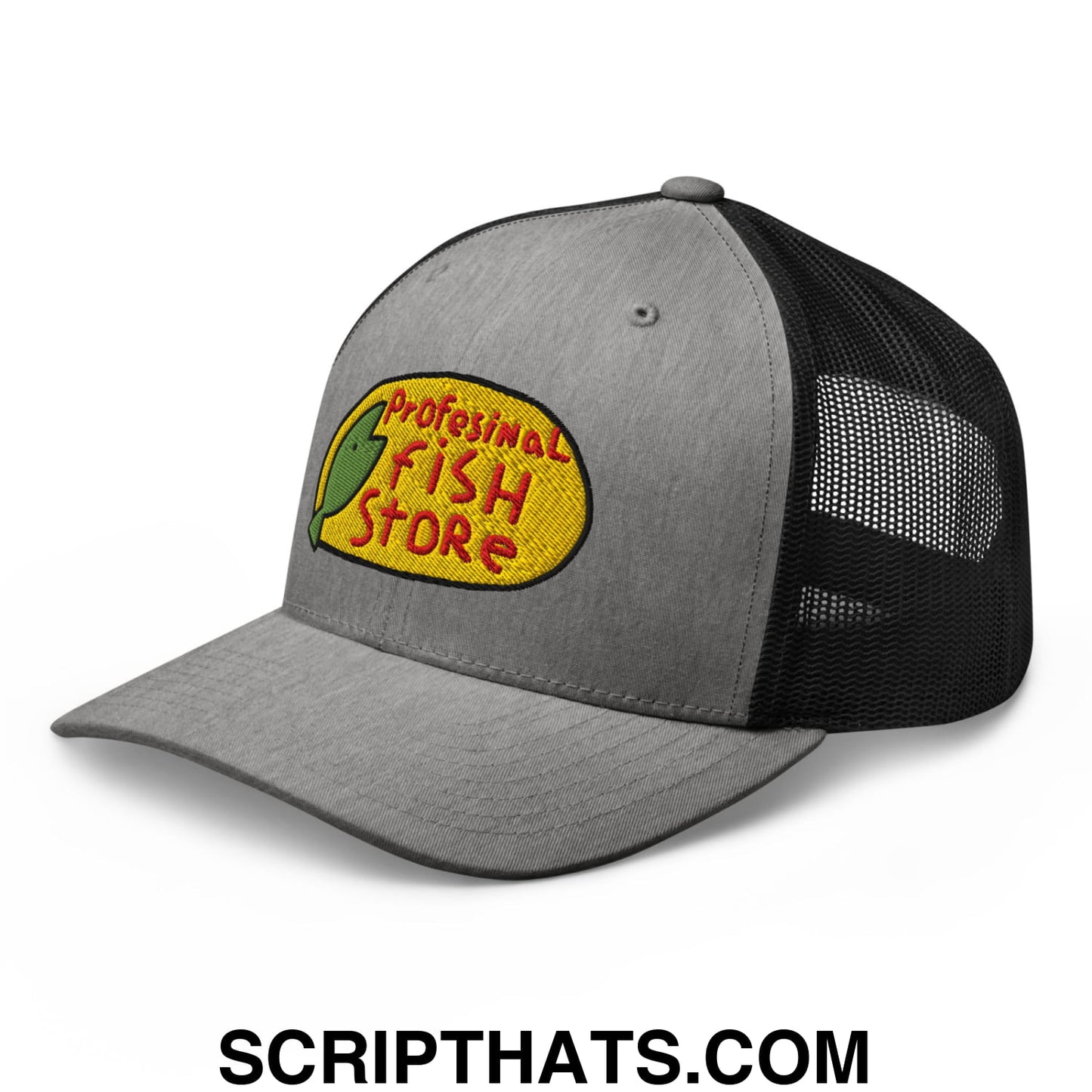 Gray and black mesh trucker hat with yellow embroidered professional fish store logo and red lettering