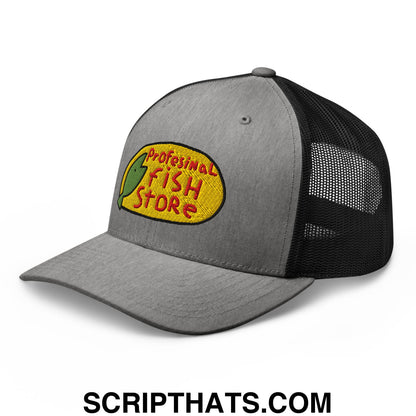 Gray and black mesh trucker hat with yellow embroidered professional fish store logo and red lettering