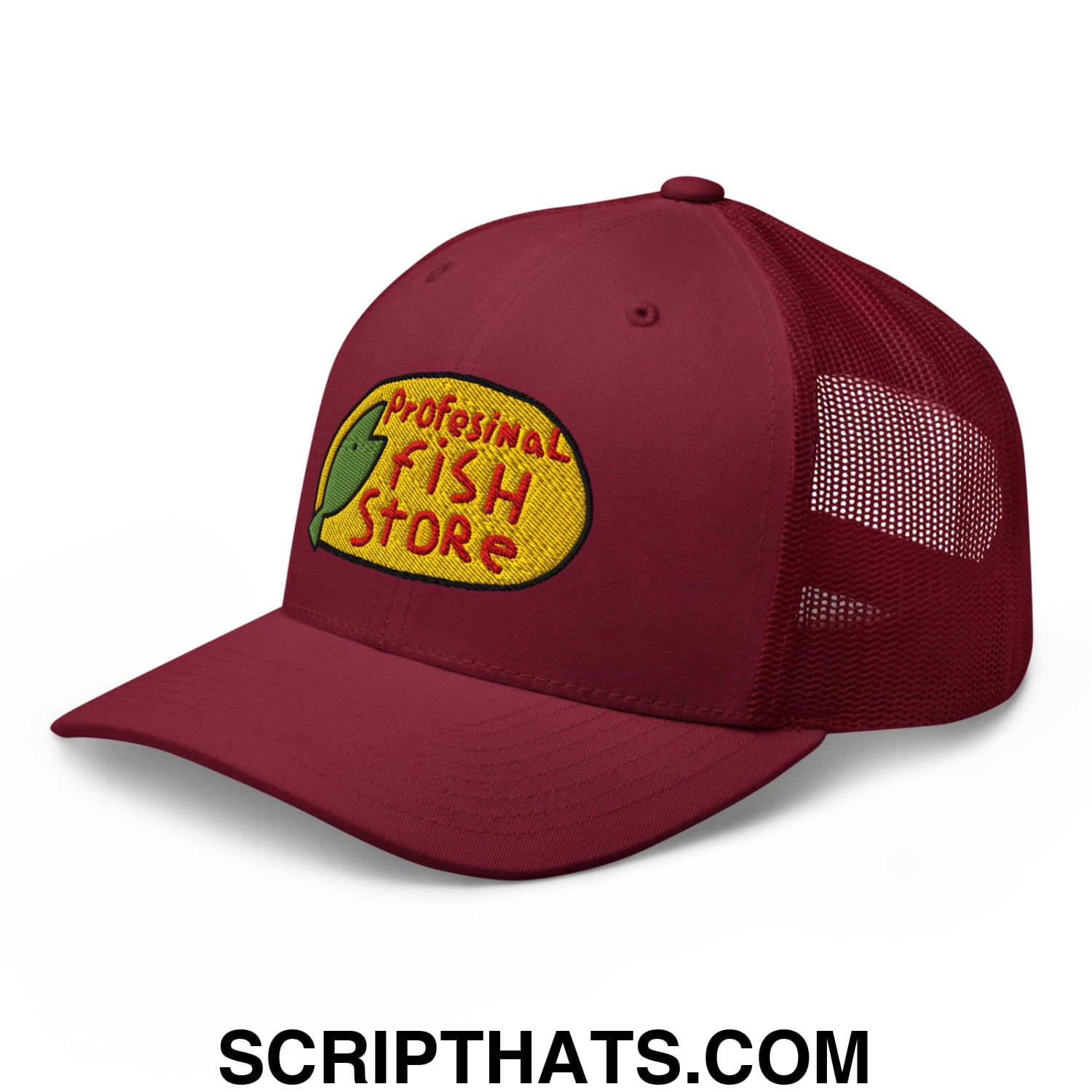Maroon mesh trucker hat with yellow and green embroidered professional fish store logo front for fishing enthusiasts