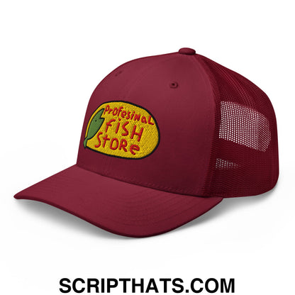 Maroon mesh trucker hat with yellow and green embroidered professional fish store logo front for fishing enthusiasts