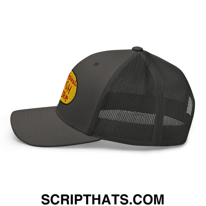 Dark gray mesh trucker hat with yellow and red embroidered patch on the side for professional fish store use