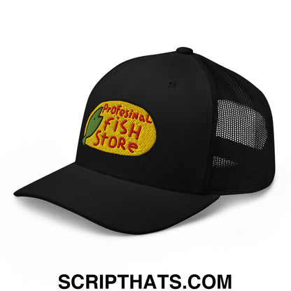 Black mesh trucker hat with yellow embroidered professional fish store logo featuring red lettering and green fish silhouette
