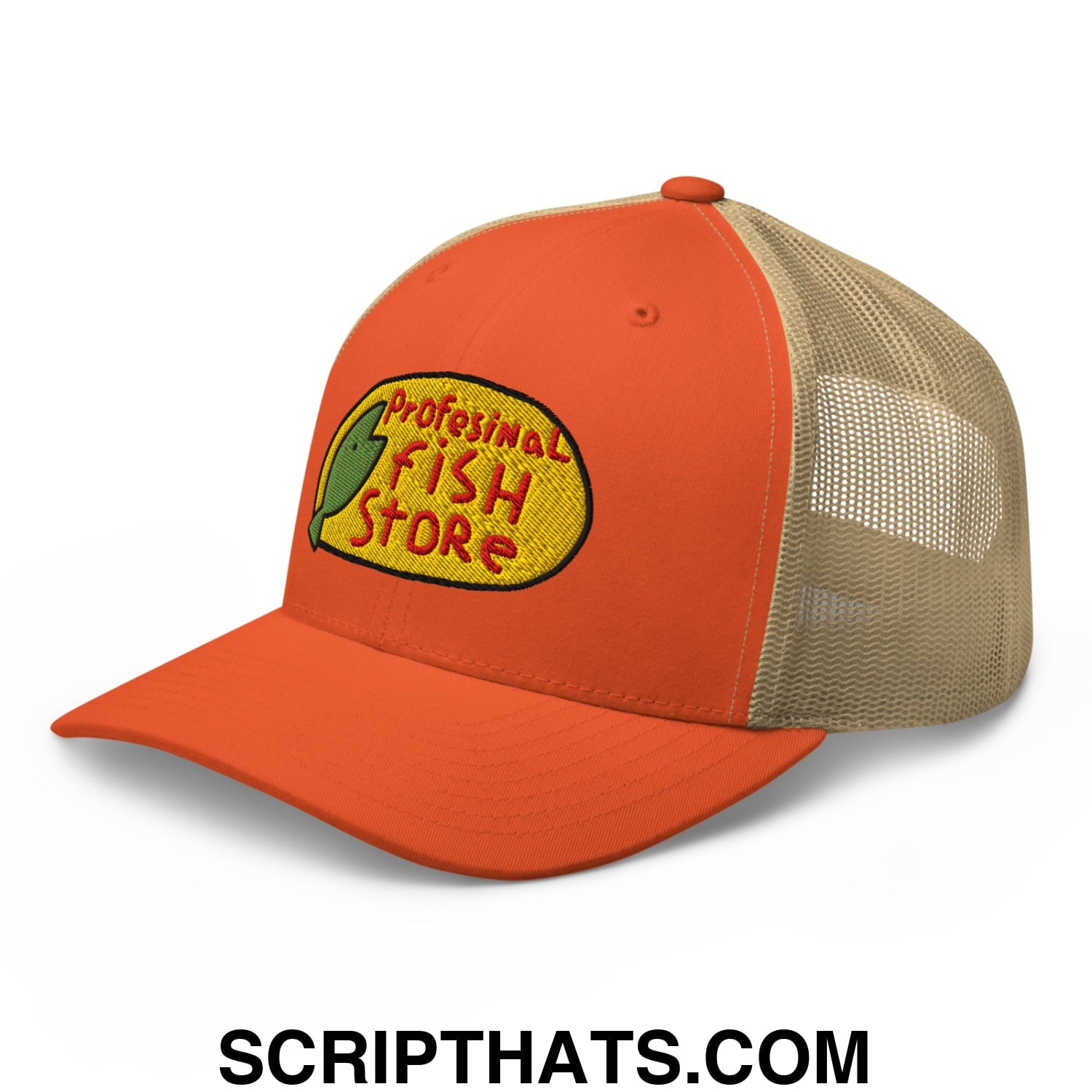Orange and tan mesh trucker hat with yellow embroidered professional fish store logo featuring a green fish