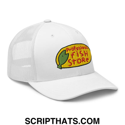 White mesh trucker hat with embroidered professional fish store logo featuring a green fish on yellow oval background
