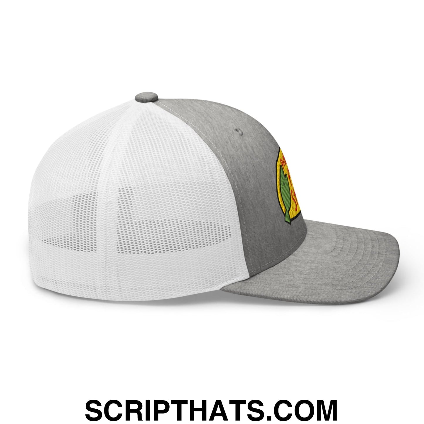 Gray and white mesh trucker hat with yellow green and red embroidered logo for professional fish store use