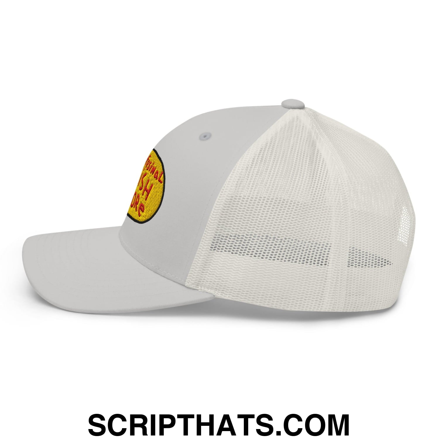 Gray mesh trucker hat with yellow and red embroidered patch front professional fish store design