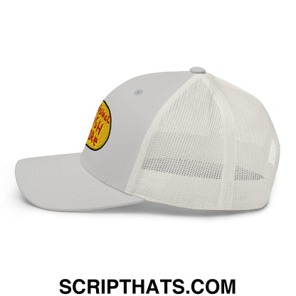 Gray mesh trucker hat with yellow and red embroidered patch front professional fish store design