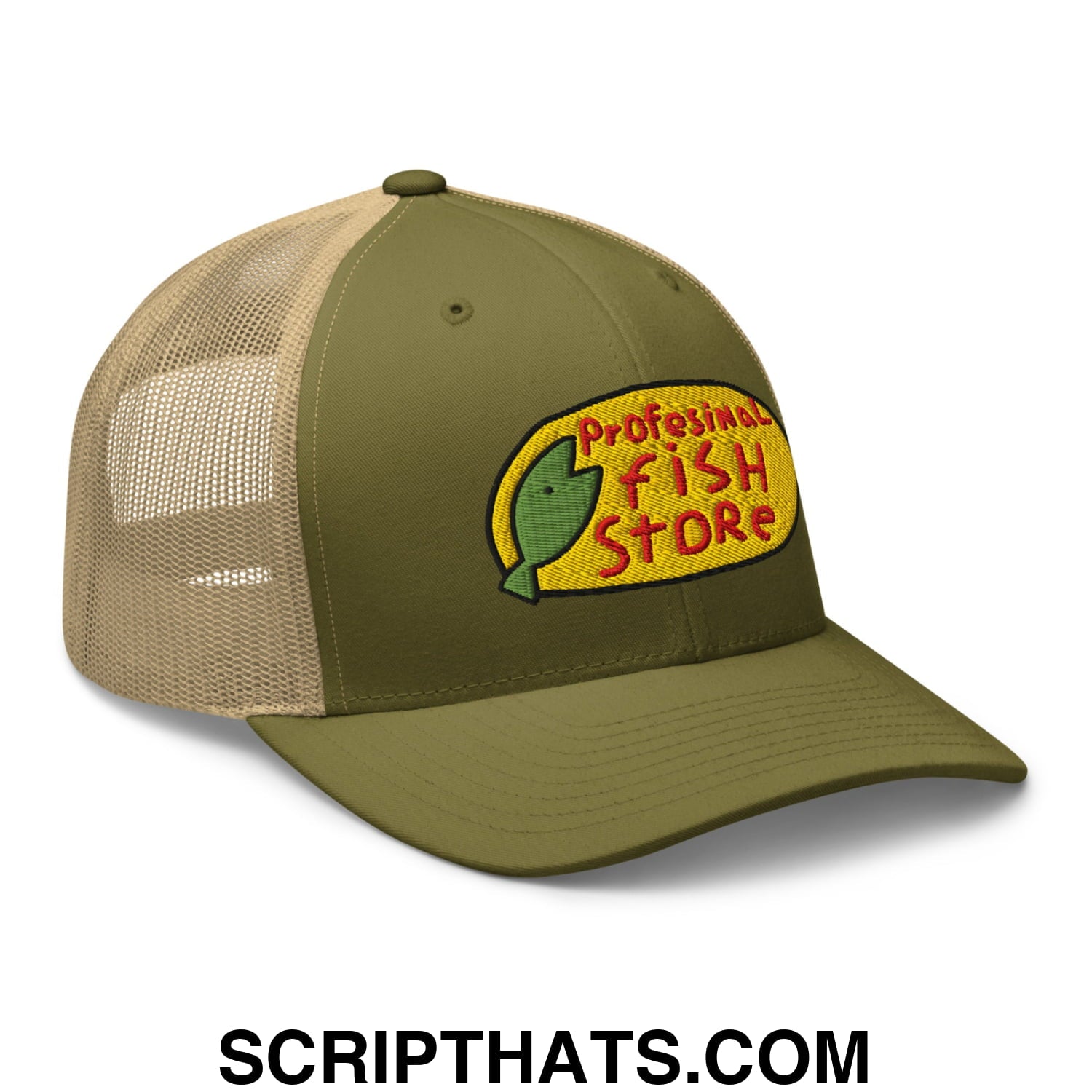 Olive green and beige mesh trucker hat with embroidered professional fish store logo featuring red lettering and green fish