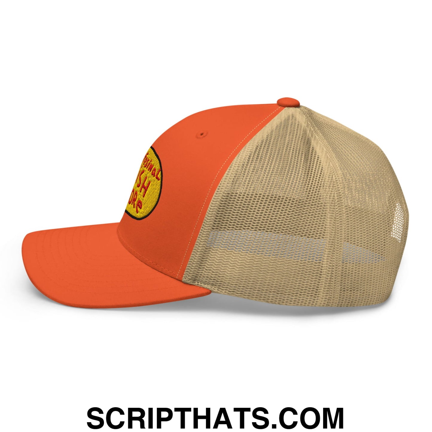 Orange and beige mesh trucker hat with yellow embroidered logo for professional fish store use