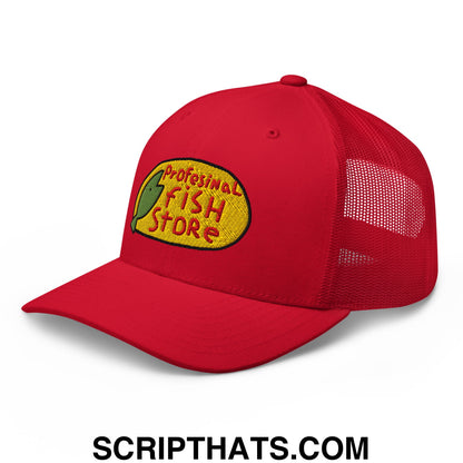 Red mesh trucker hat with yellow embroidered professional fish store logo featuring a green fish