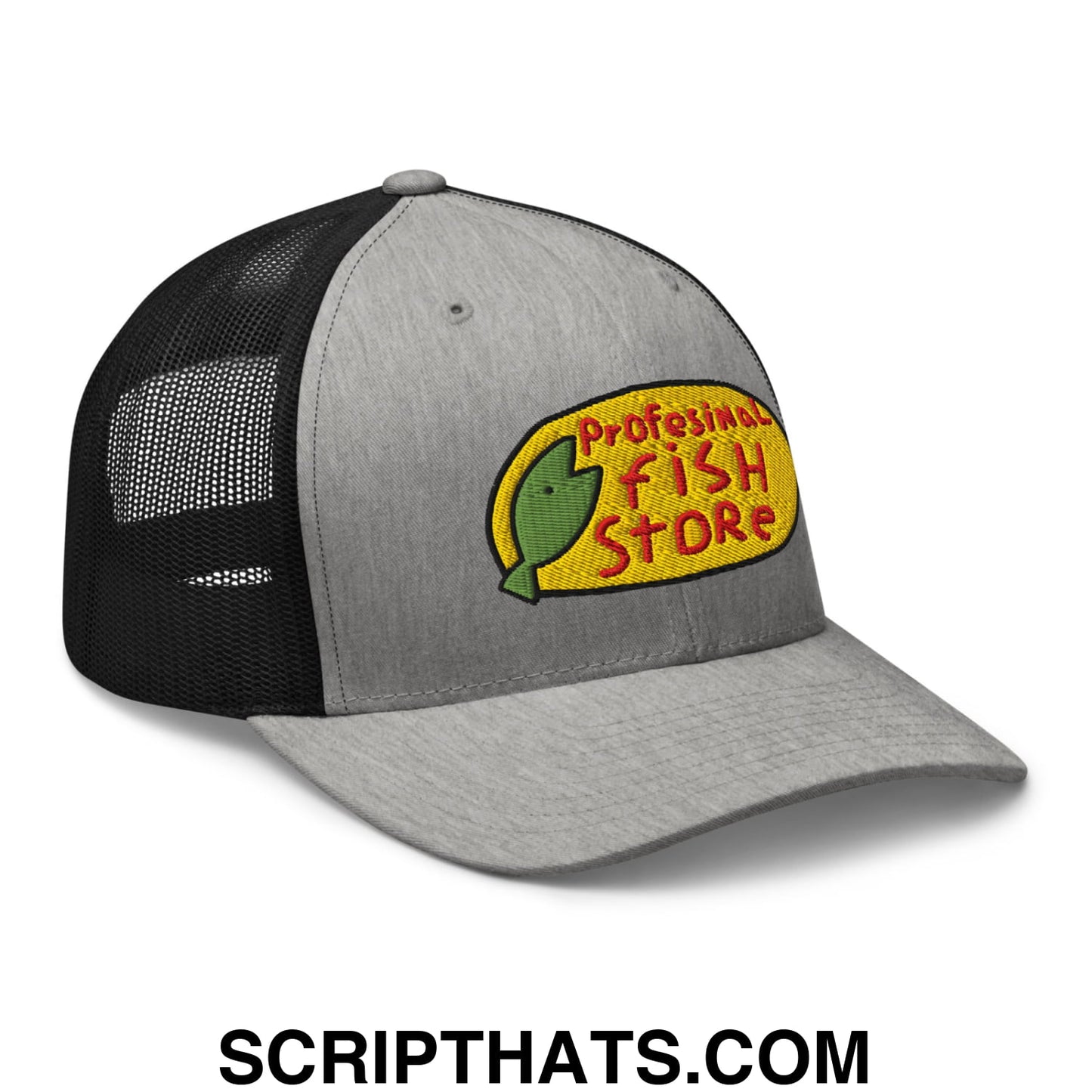 Gray and black mesh trucker hat with yellow embroidered professional fish store logo featuring red letters and green fish