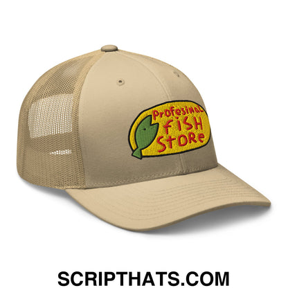 Beige mesh trucker hat with yellow embroidered professional fish store logo featuring a green fish