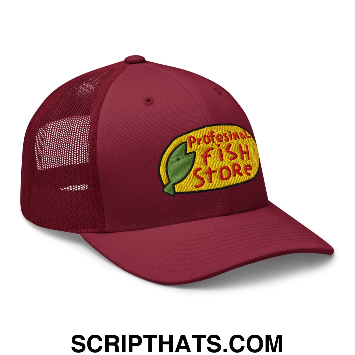 Maroon mesh trucker hat with yellow professional fish store embroidered logo and green fish graphic