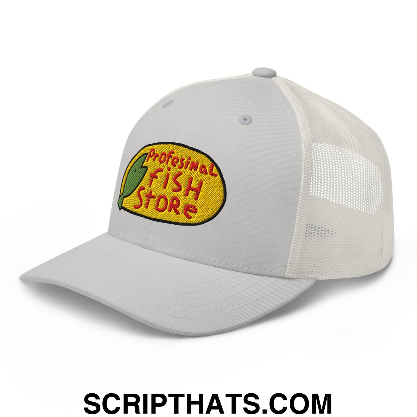 White mesh trucker hat with yellow embroidered professional fish store logo featuring red text and green fish