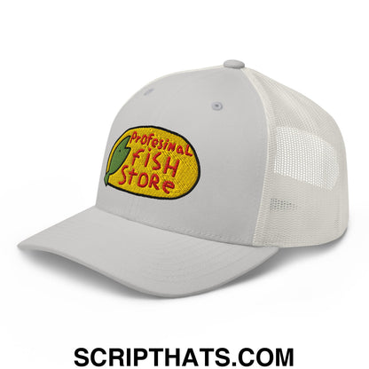 White mesh trucker hat with yellow embroidered professional fish store logo featuring red text and green fish