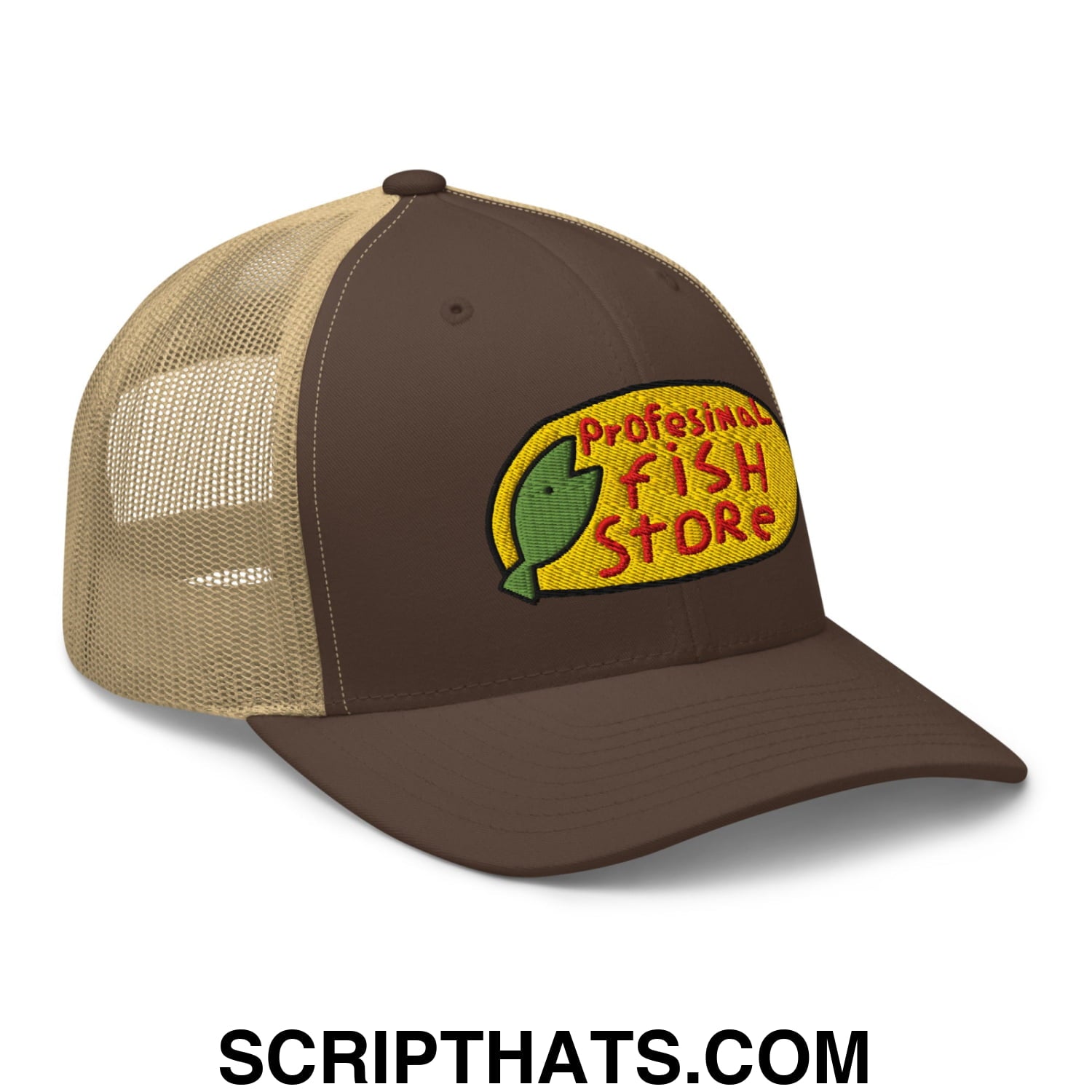 Brown and tan mesh trucker hat with yellow embroidered professional fish store logo and green fish design