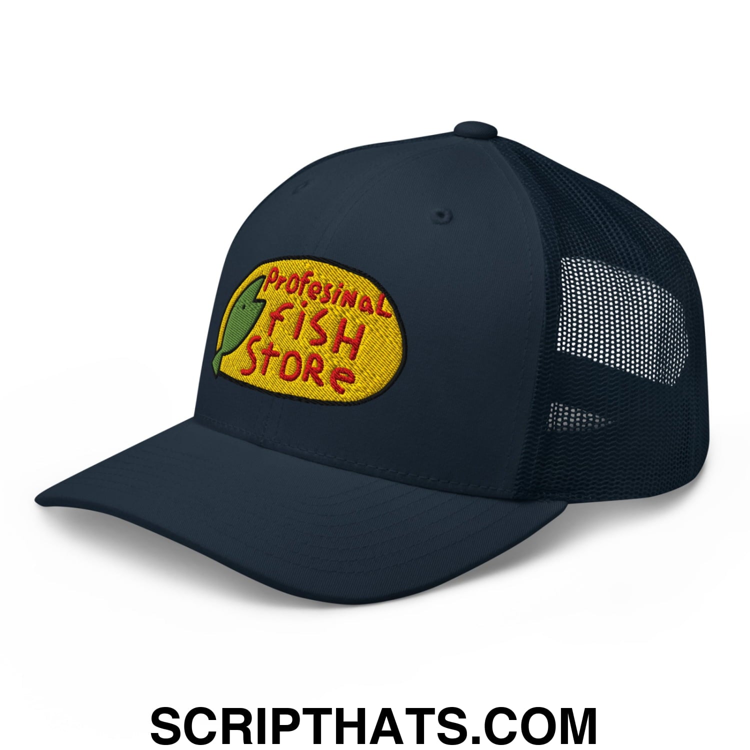 Dark navy blue mesh trucker hat with yellow embroidered professional fish store patch and green fish design