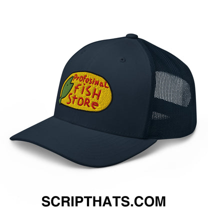 Dark navy blue mesh trucker hat with yellow embroidered professional fish store patch and green fish design