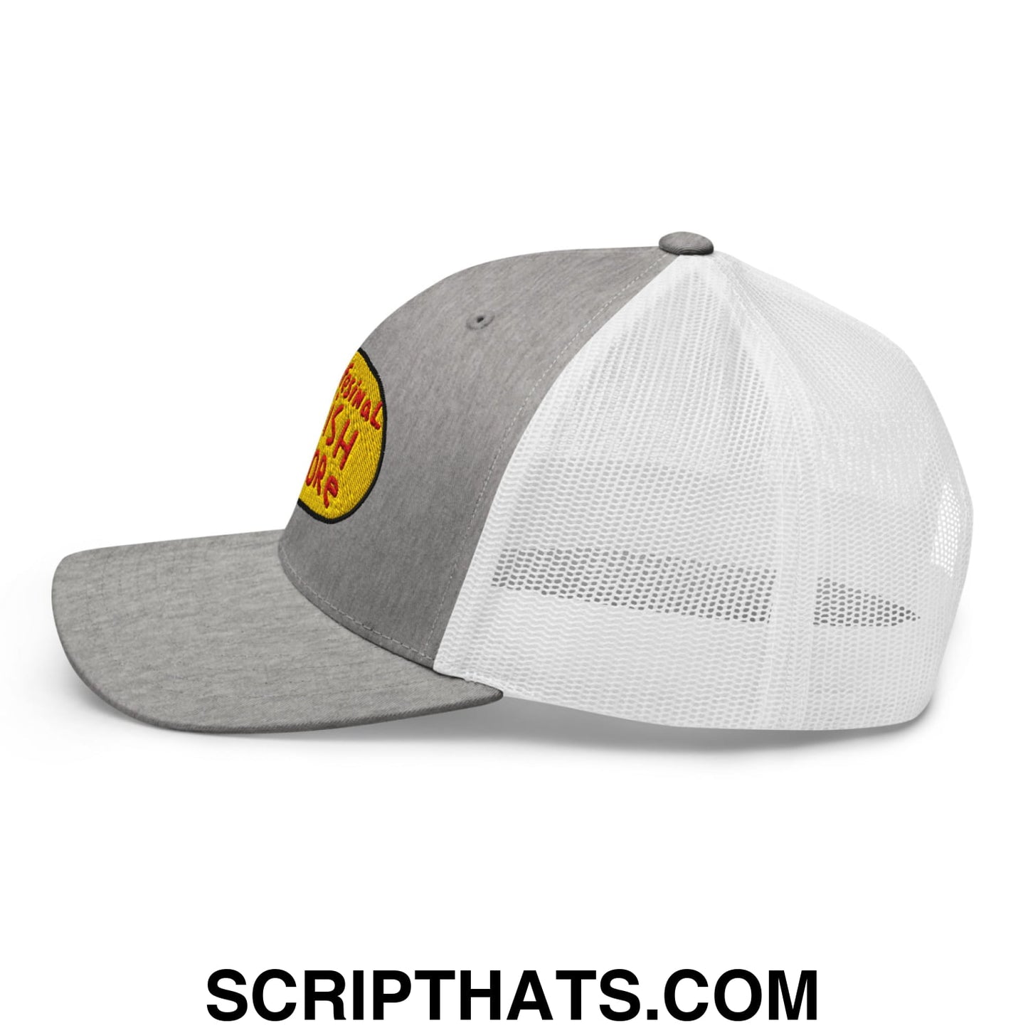Gray and white mesh trucker hat with yellow embroidered professional fish store logo on front panel