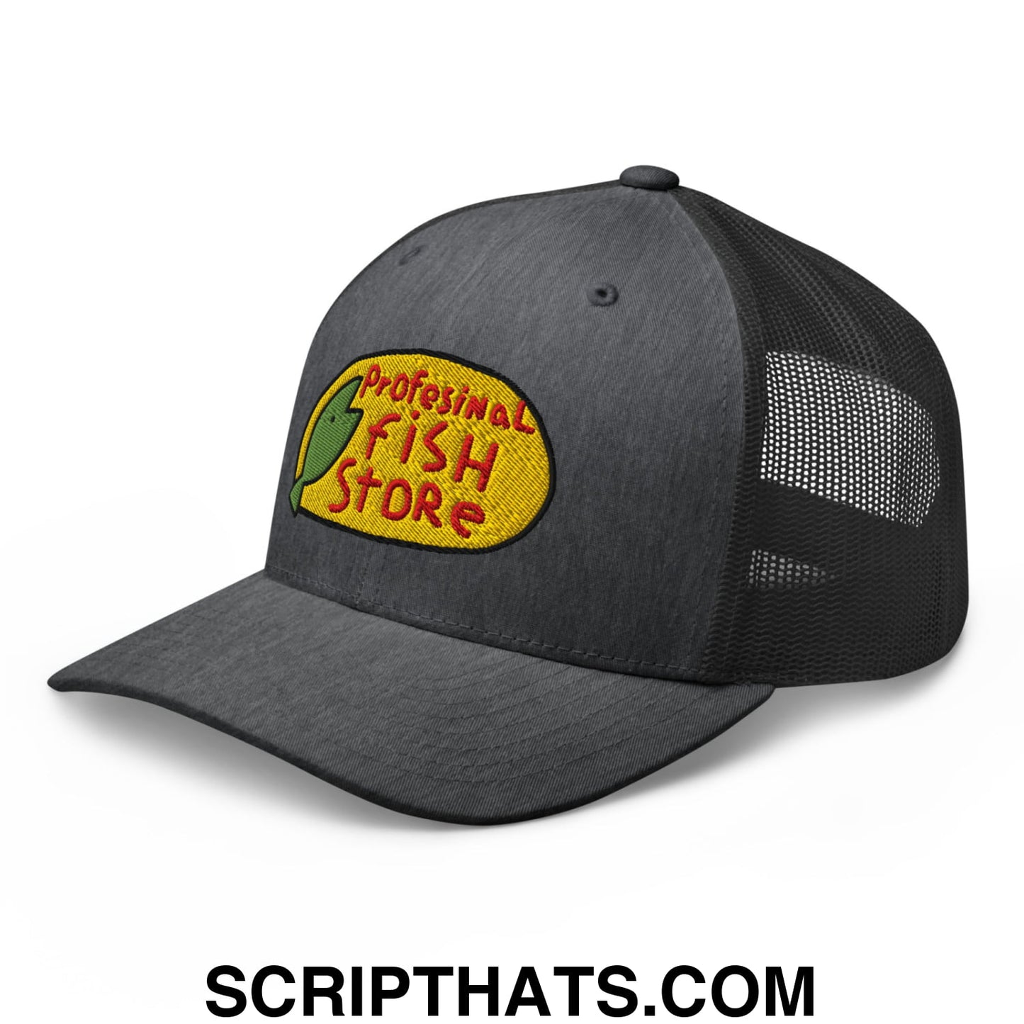 Dark gray mesh trucker hat with yellow and green embroidered professional fish store logo on the front