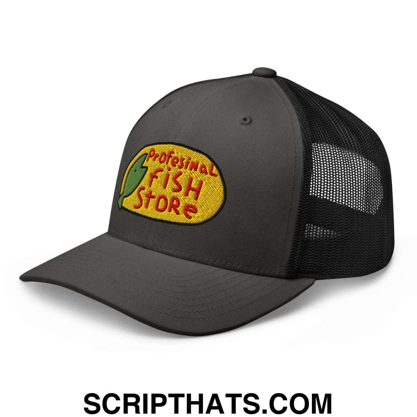 Dark gray mesh trucker hat with yellow embroidered professional fish store logo featuring red letters and green fish silhouette