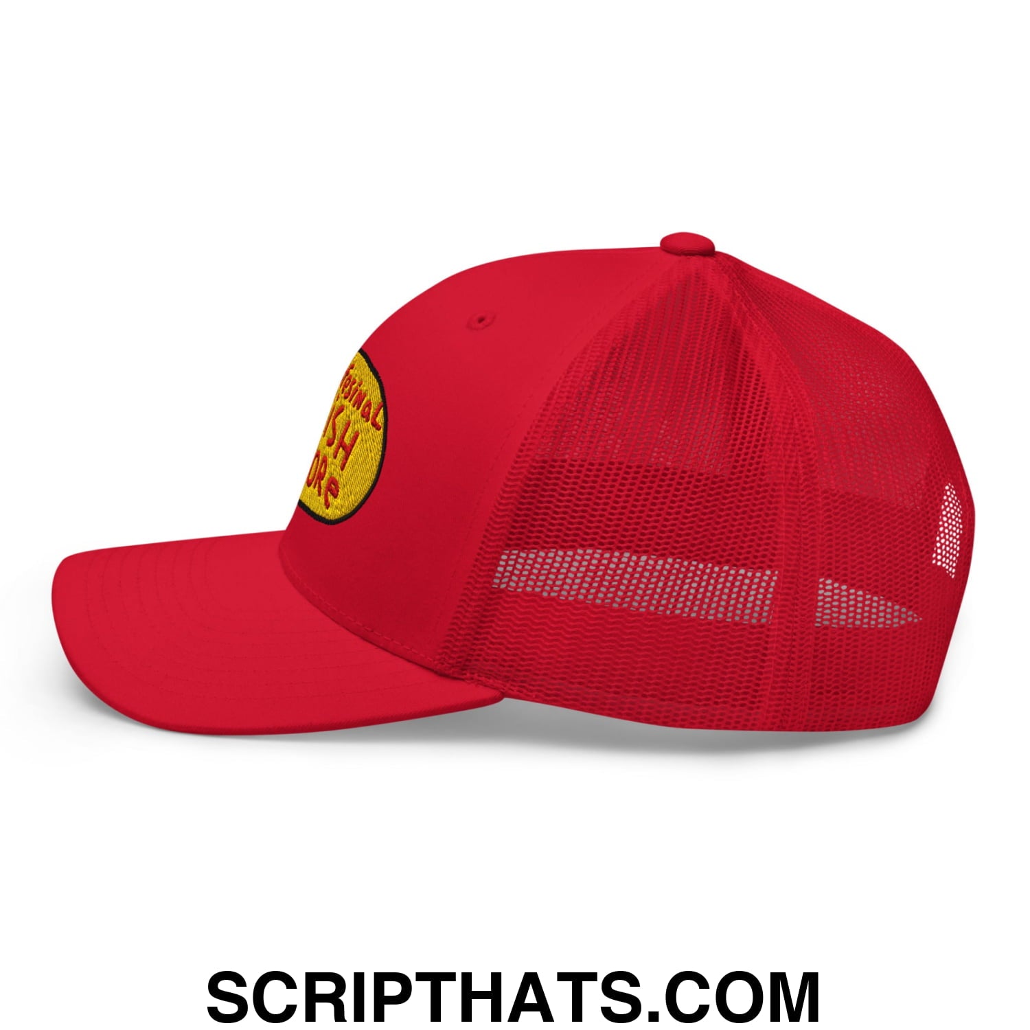 Red mesh trucker hat with yellow embroidered patch front designed for professional fish store use