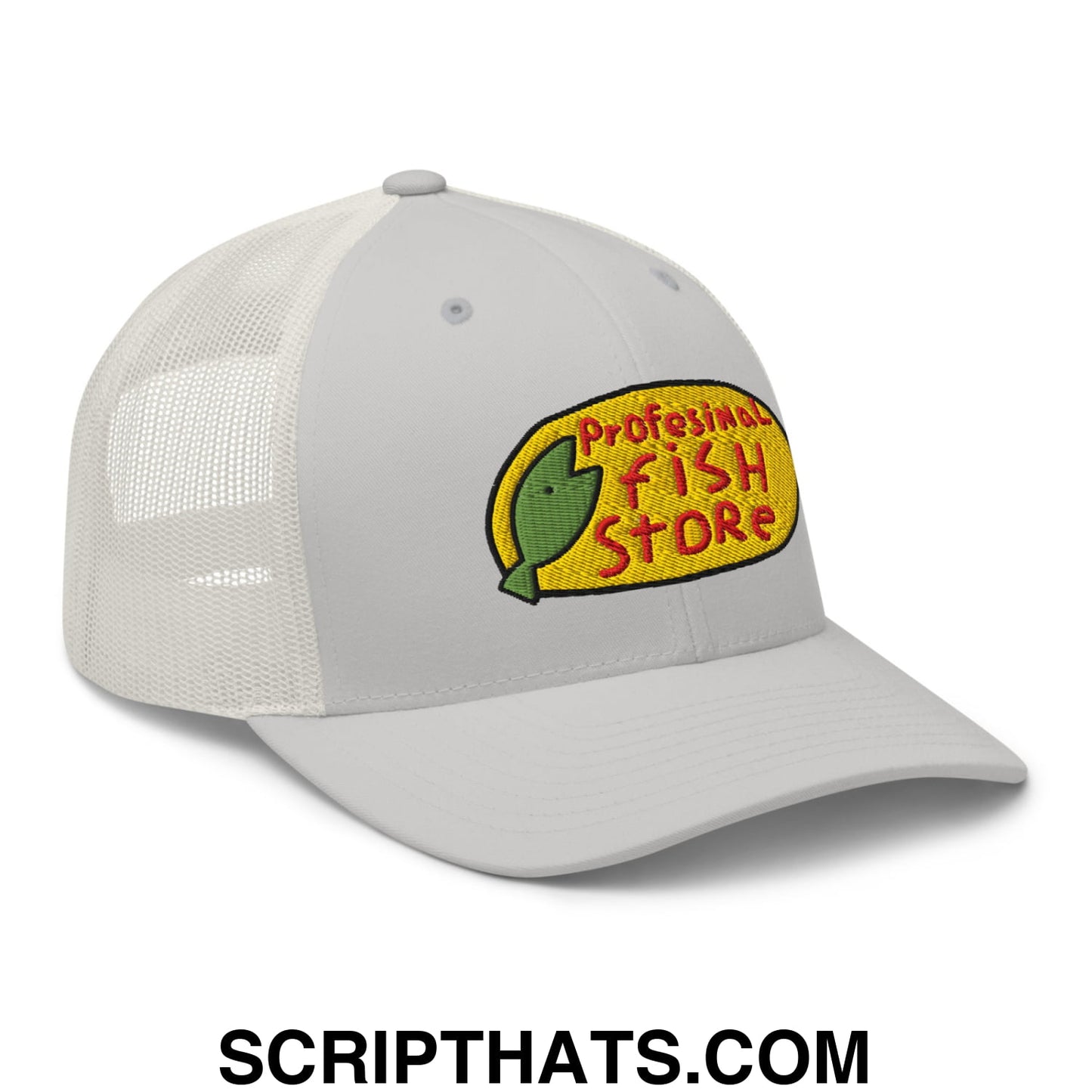 Light gray mesh trucker hat with yellow embroidered logo, red text, and green fish design for professional fish stores