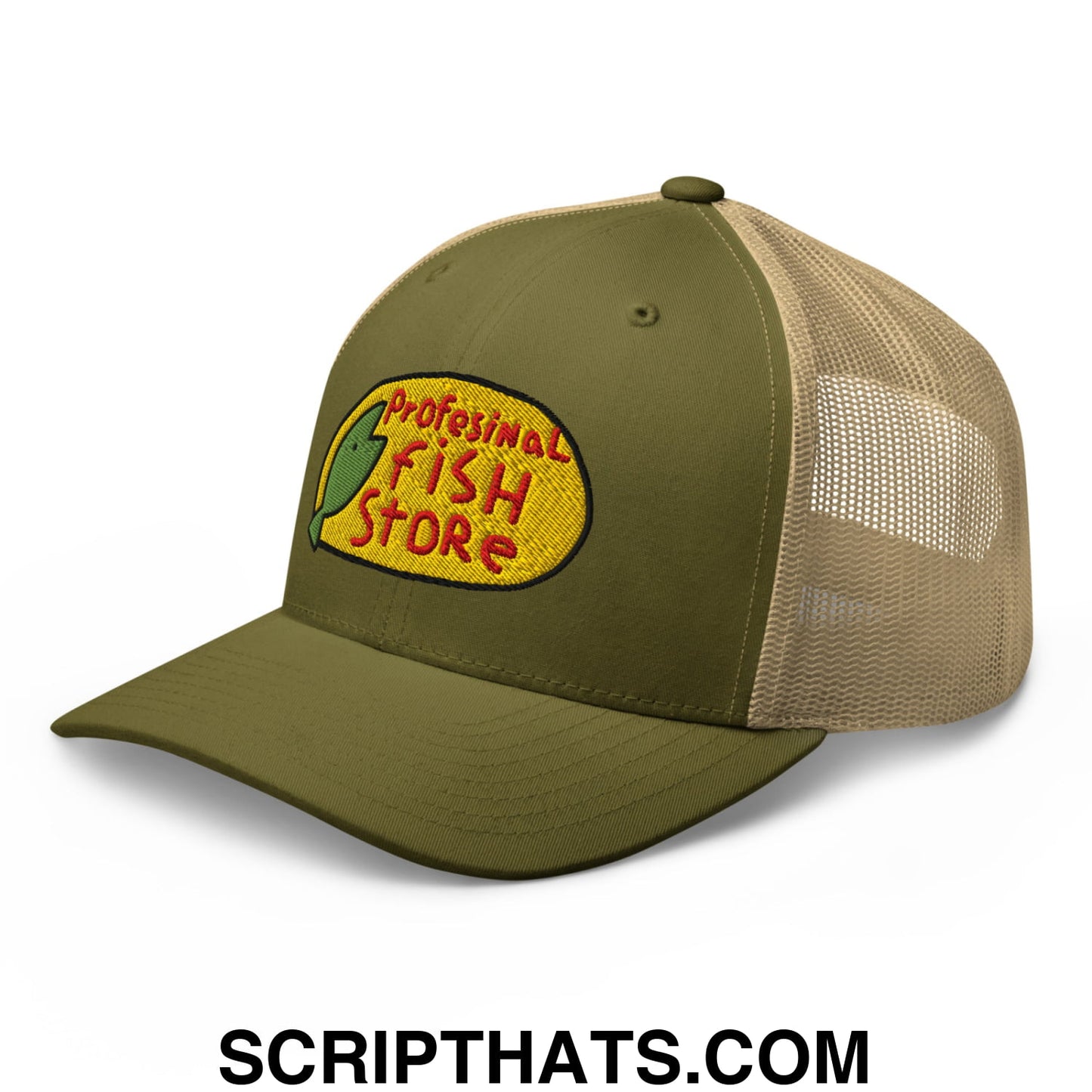 Olive green and tan mesh trucker hat with yellow embroidered professional fish store logo and red lettering