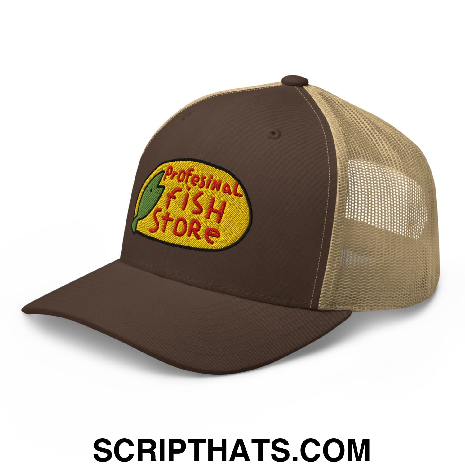 Brown and tan mesh trucker hat with yellow embroidered professional fish store logo red lettering and green fish design