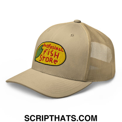 Beige mesh trucker hat with yellow embroidered professional fish store logo featuring red lettering and green fish silhouette