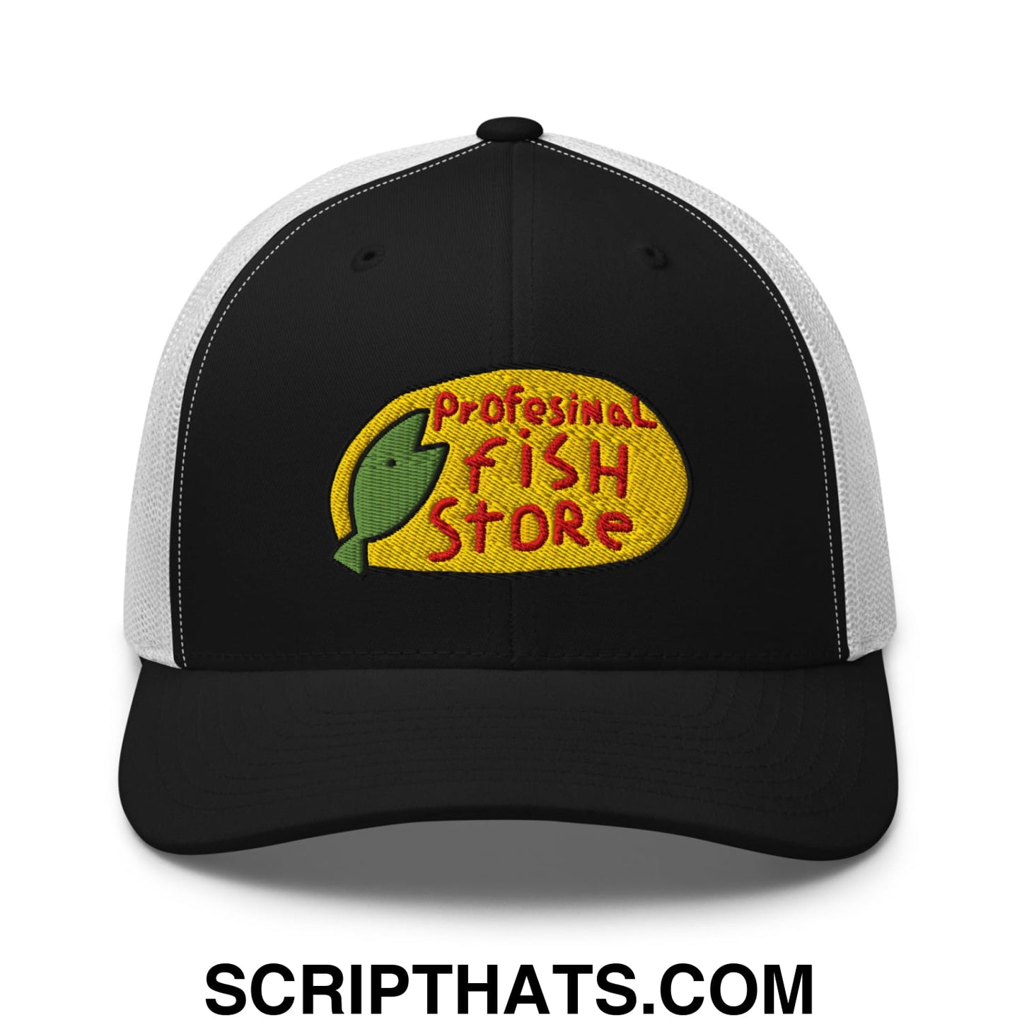 Black and white mesh trucker hat with embroidered yellow oval logo featuring green fish and red professional fish store text