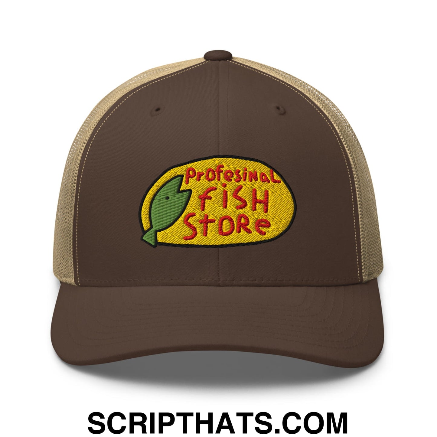 Brown and tan mesh trucker hat with embroidered professional fish store logo featuring a green fish on yellow oval