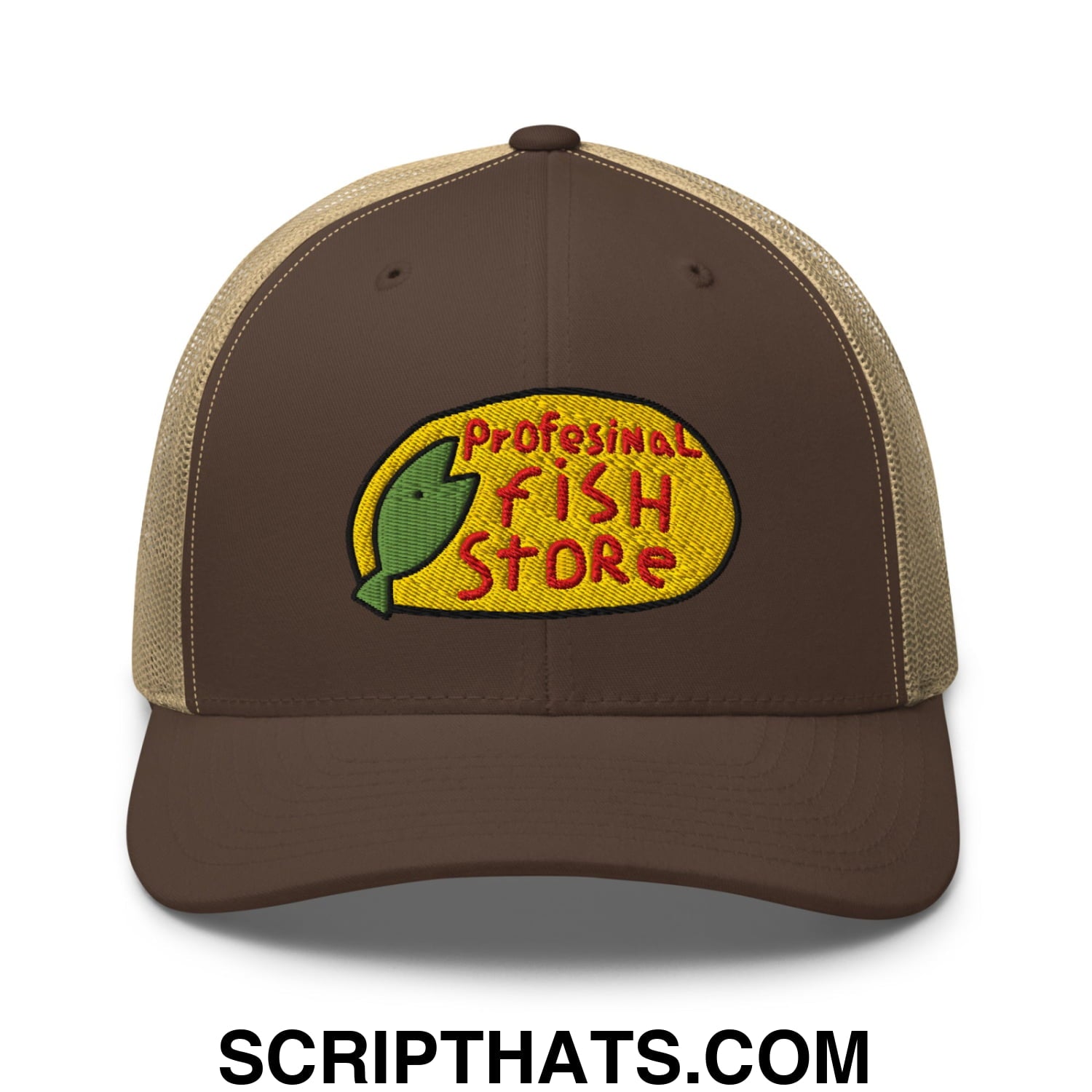 Brown and tan mesh trucker hat with embroidered professional fish store logo featuring a green fish on yellow oval