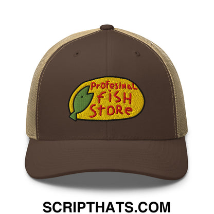 Brown and tan mesh trucker hat with embroidered professional fish store logo featuring a green fish on yellow oval