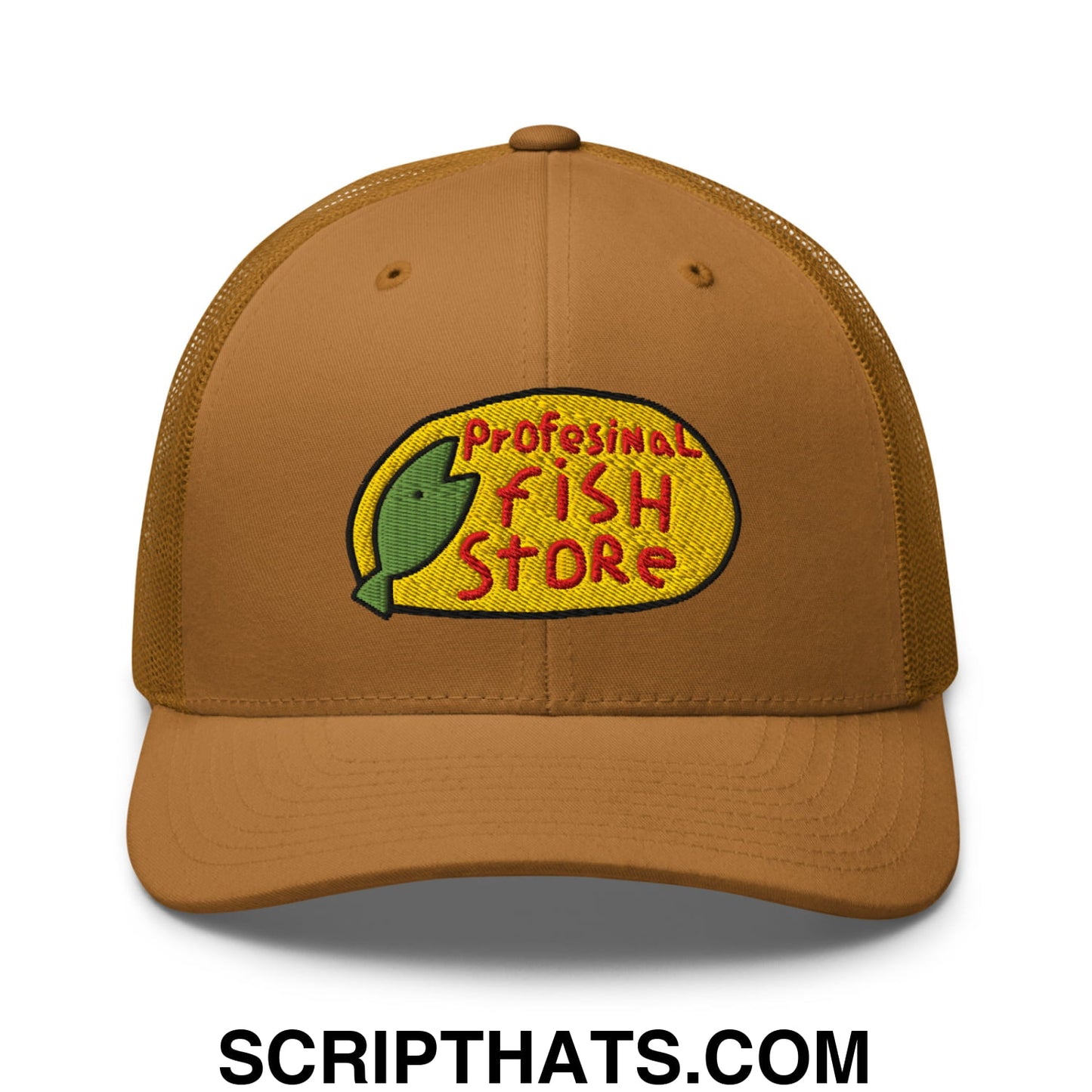 Tan mesh trucker hat with embroidered professional fish store logo featuring green fish on yellow oval background