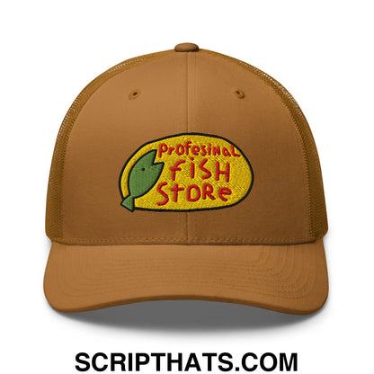 Tan mesh trucker hat with embroidered professional fish store logo featuring green fish on yellow oval background