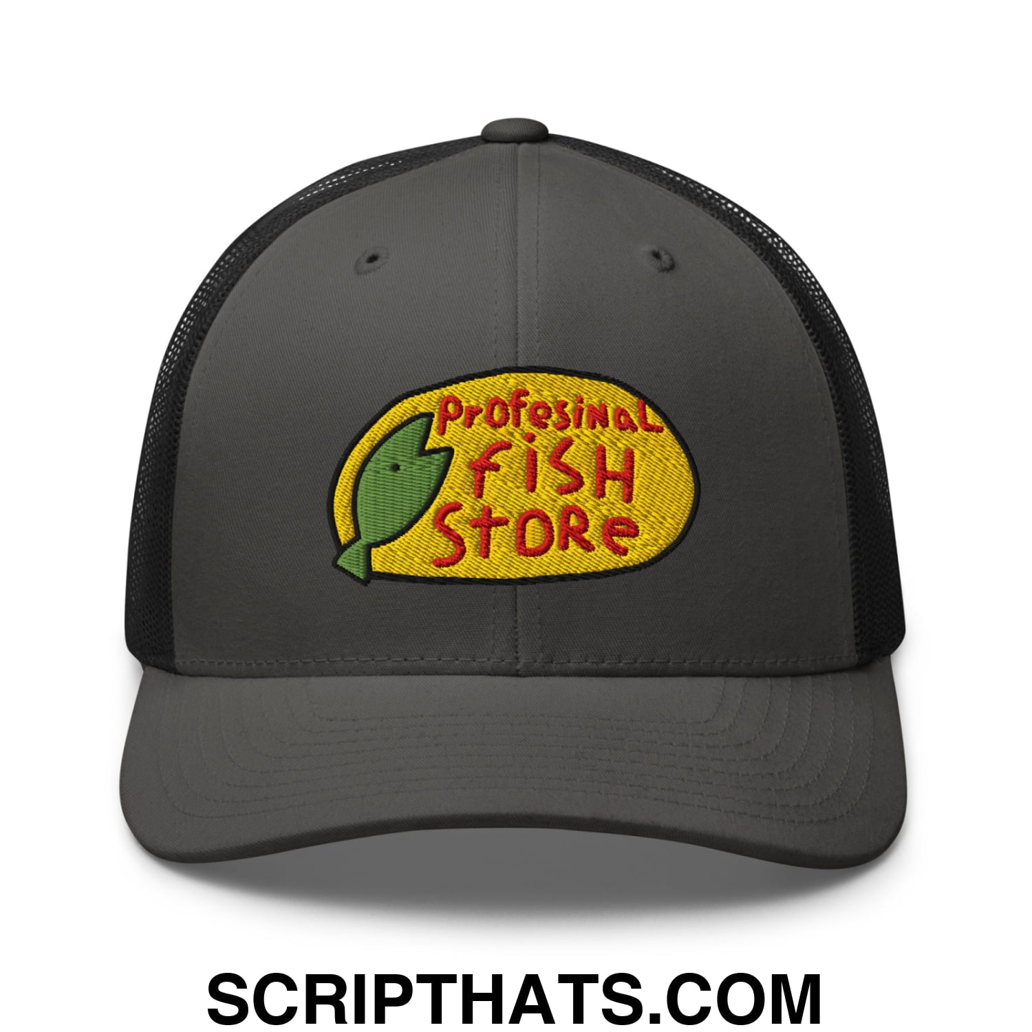 Dark gray mesh trucker hat with a yellow patch featuring red lettering and a green fish design for professional use