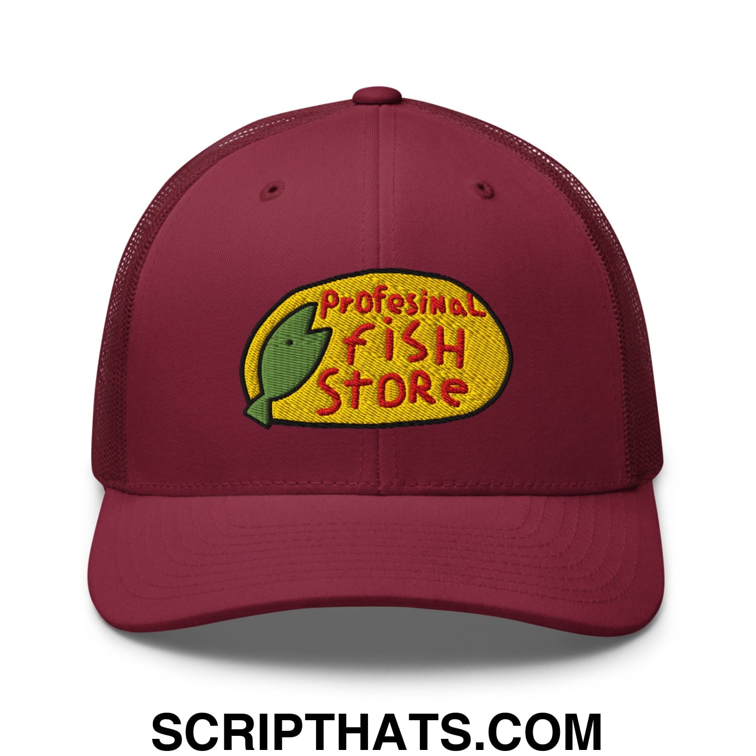 Maroon mesh trucker hat with yellow and green embroidered professional fish store logo front and center