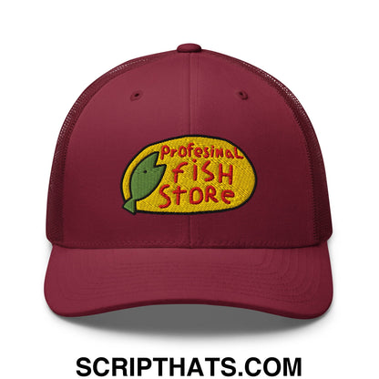 Maroon mesh trucker hat with yellow and green embroidered professional fish store logo front and center