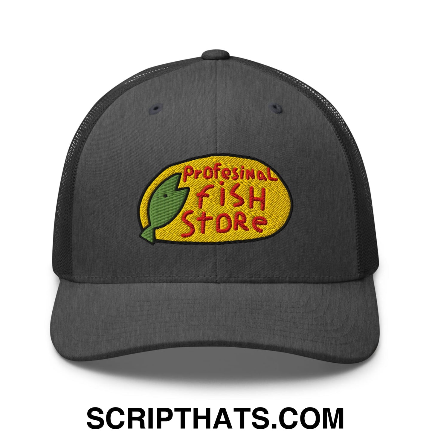 Dark gray mesh trucker hat with embroidered professional fish store logo in yellow oval red lettering and green fish silhouette