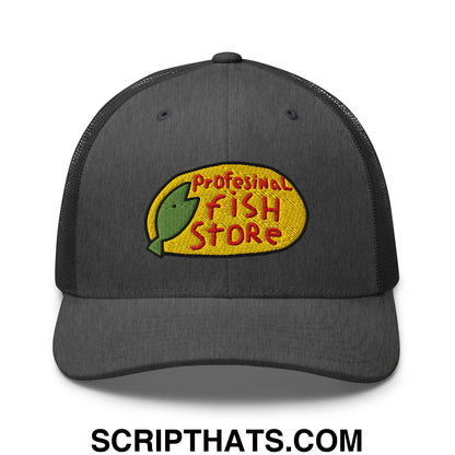 Dark gray mesh trucker hat with embroidered professional fish store logo in yellow oval red lettering and green fish silhouette