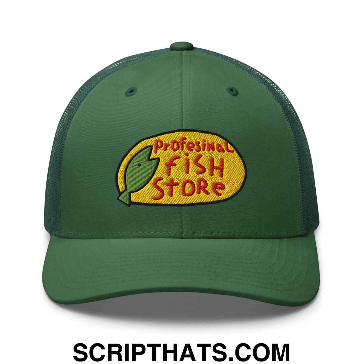 Green mesh trucker hat with embroidered professional fish store logo in yellow oval and red lettering