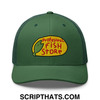 Green mesh trucker hat with embroidered professional fish store logo in yellow oval and red lettering