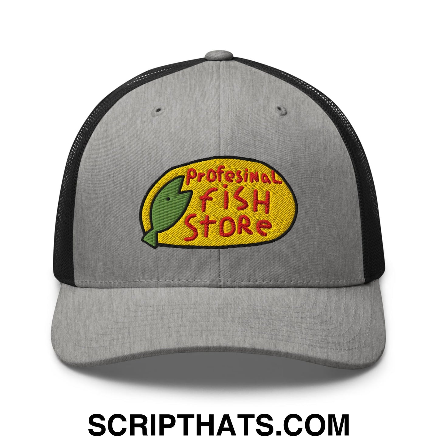 Gray and black mesh trucker hat with embroidered yellow oval logo featuring a green fish and red professional fish store text