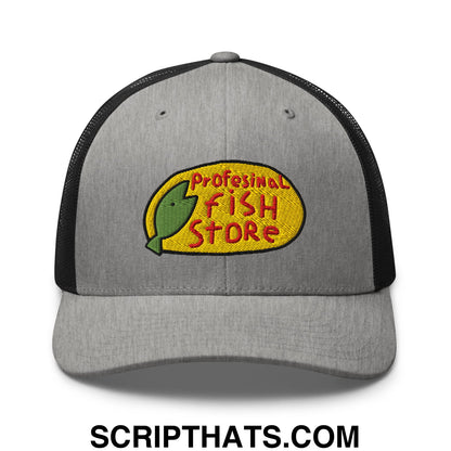 Gray and black mesh trucker hat with embroidered yellow oval logo featuring a green fish and red professional fish store text