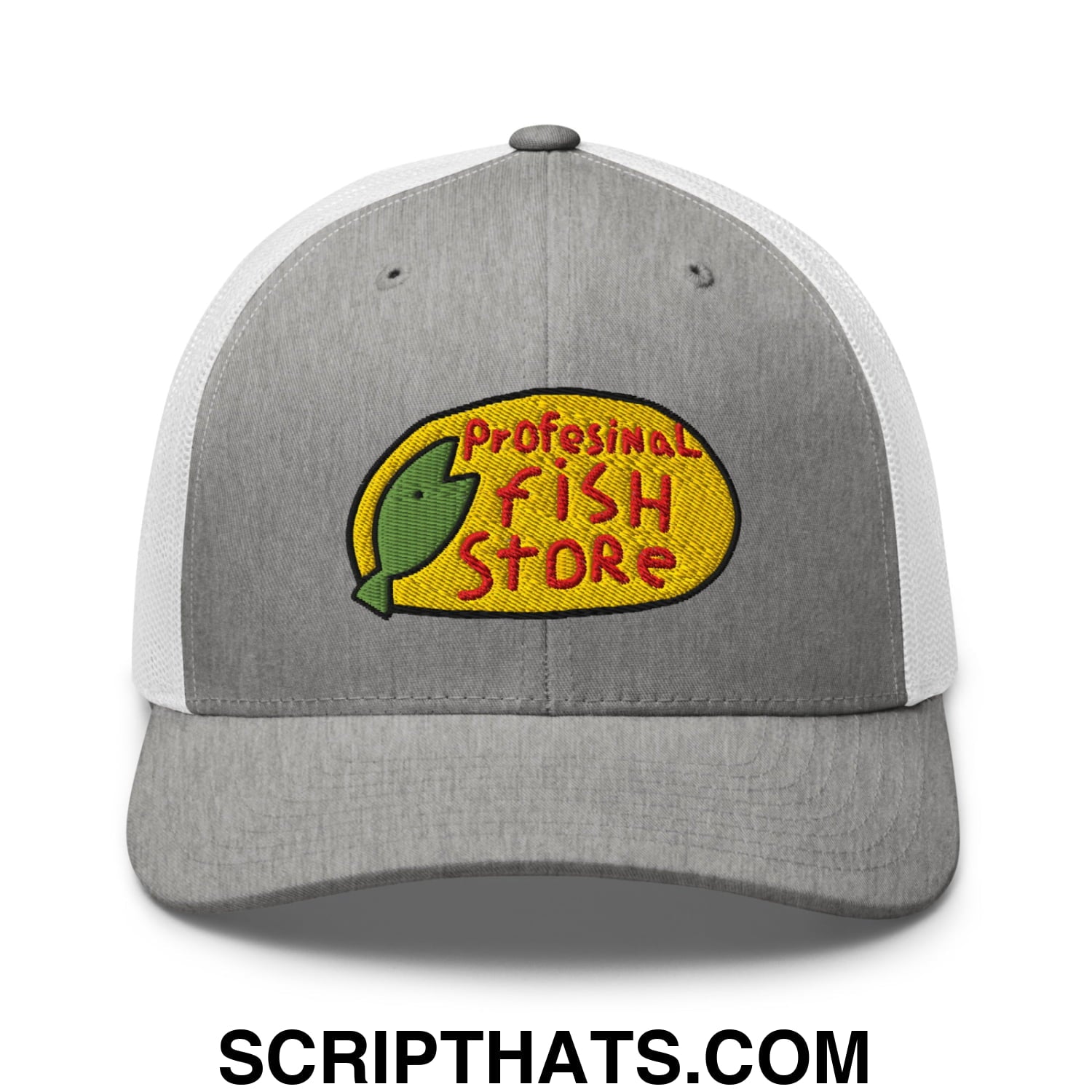 Gray and white mesh trucker hat with embroidered professional fish store logo featuring green fish on yellow oval background