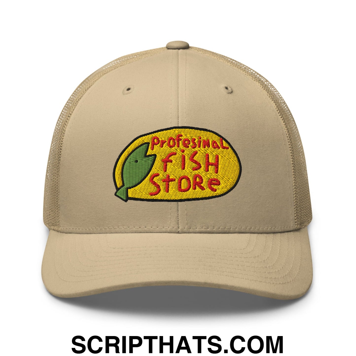 Beige mesh trucker hat with yellow embroidered professional fish store logo featuring red text and green fish