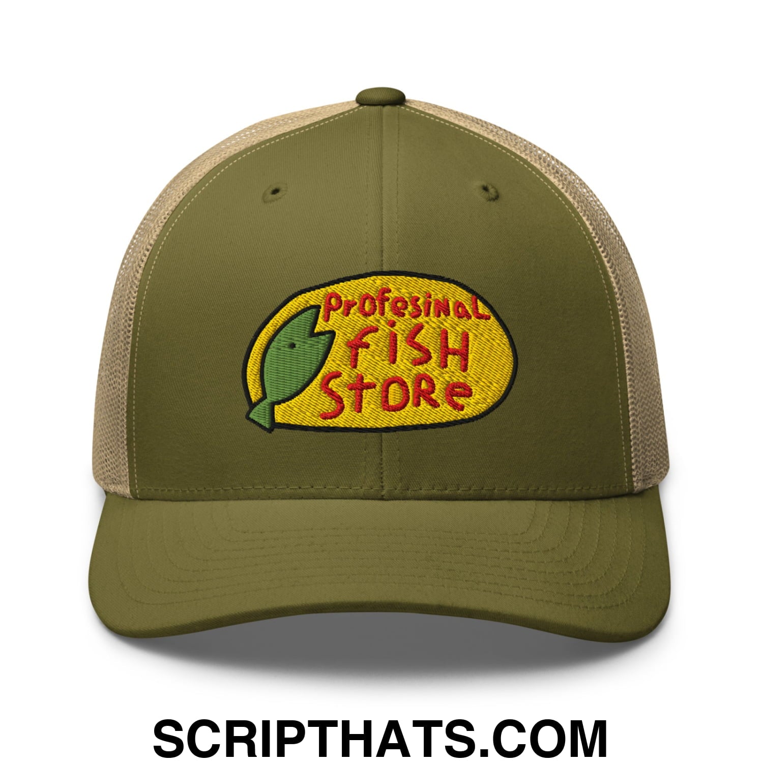 Olive green and beige mesh trucker hat with embroidered professional fish store logo featuring a yellow oval red text and green fish