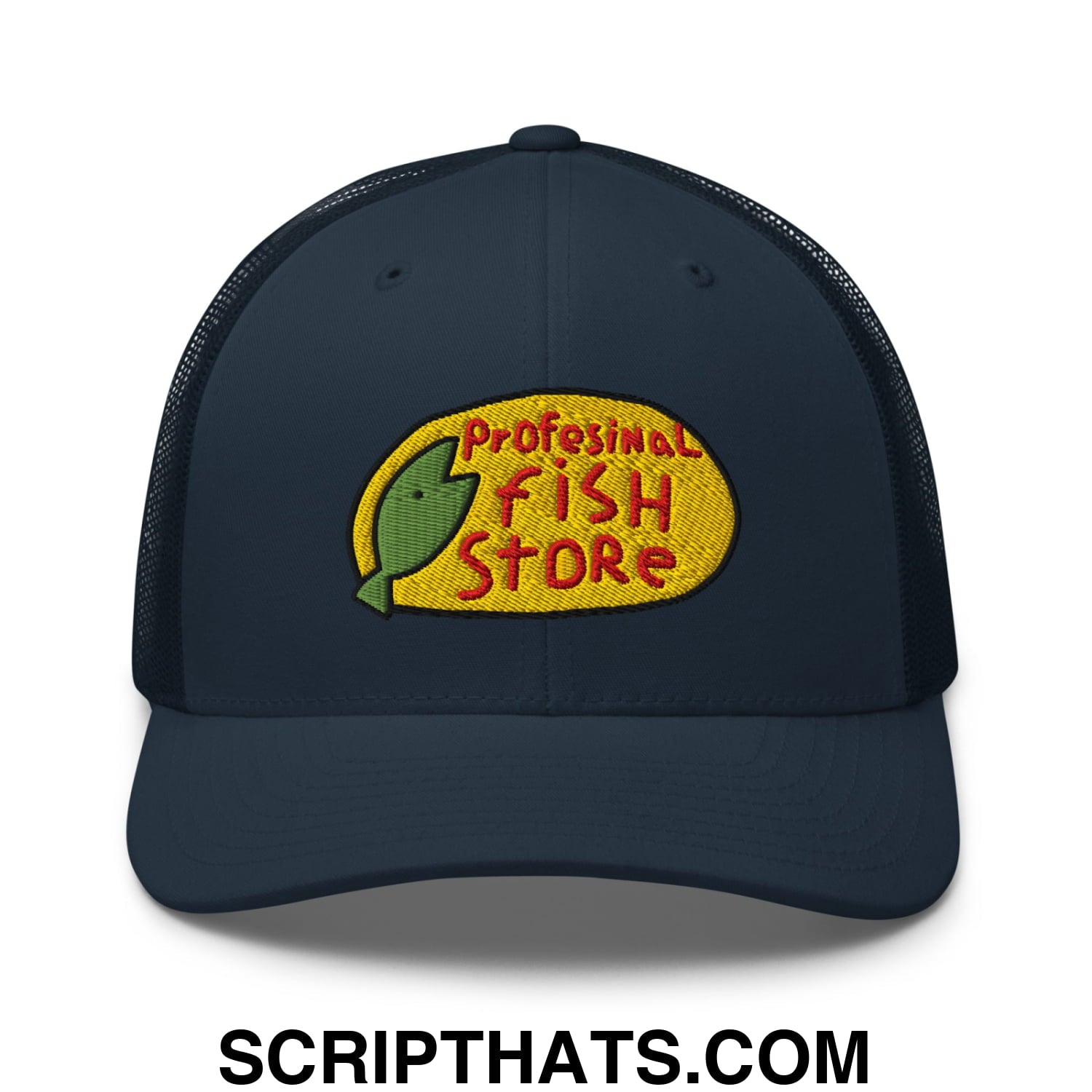 Dark blue mesh trucker hat featuring an embroidered professional fish store logo with yellow, red, and green details