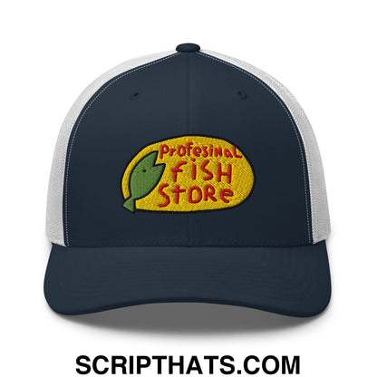 Navy blue and white mesh trucker hat with embroidered professional fish store logo and green fish on yellow oval background